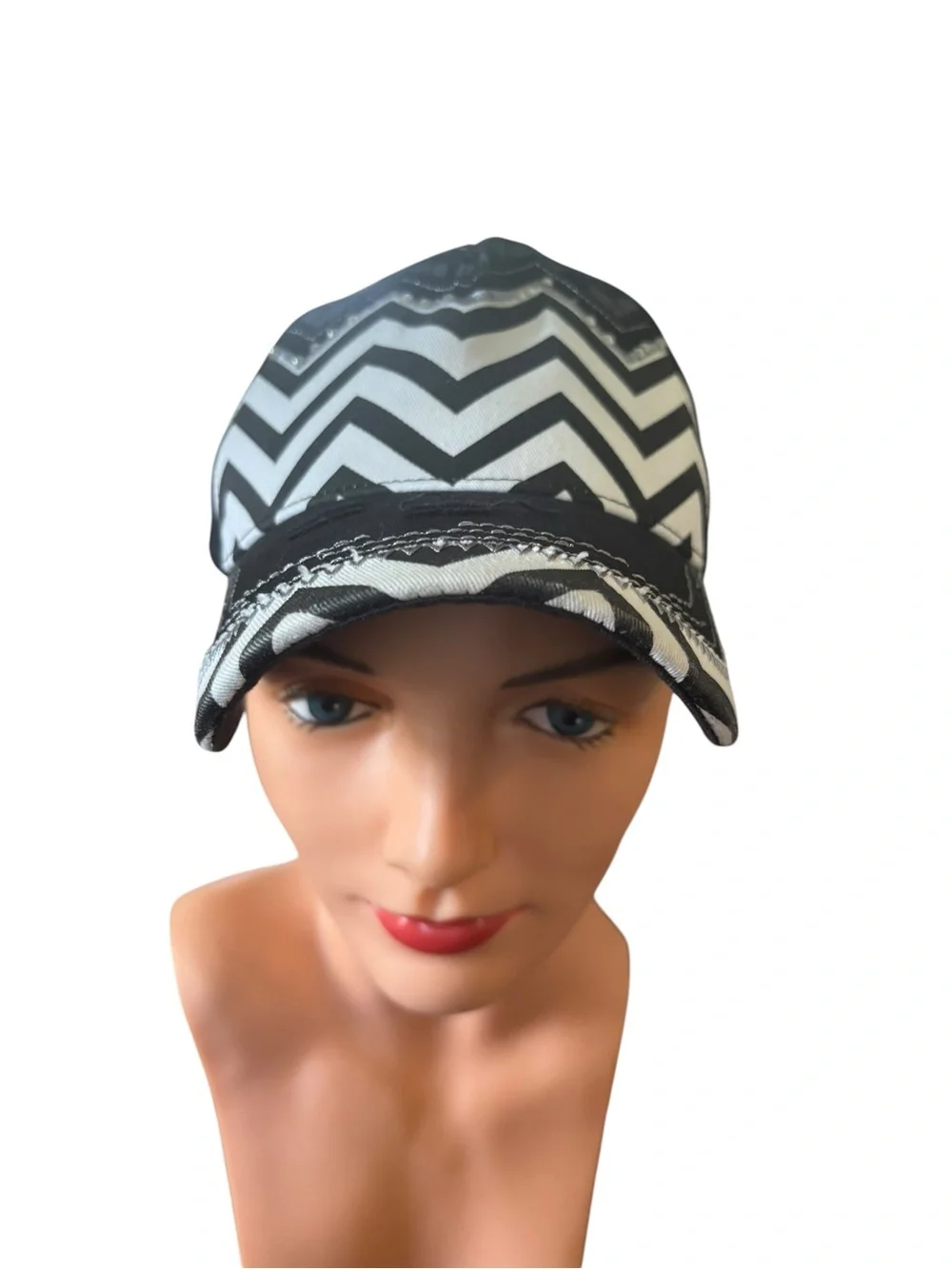 W By Kbethos Chevron Baseball Cap Black White Rhinestones Distressed OS Canvas